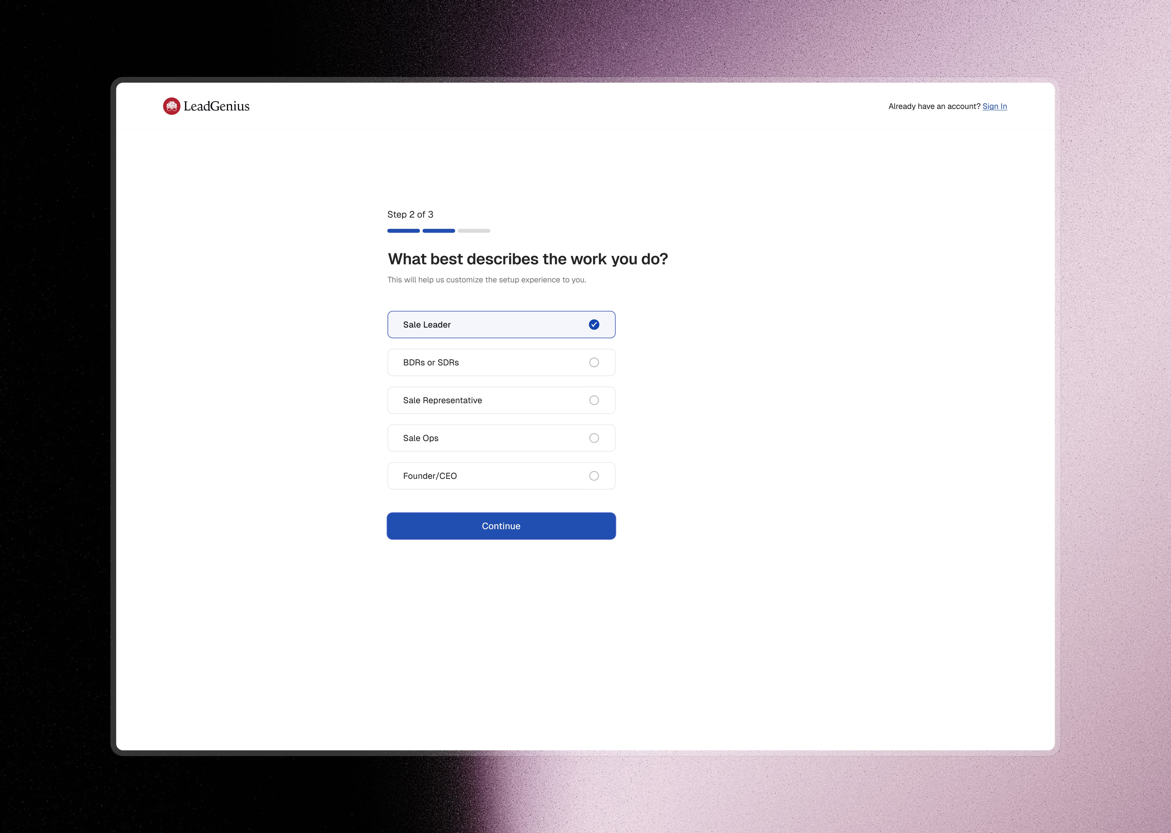 Intent-first sign up flow