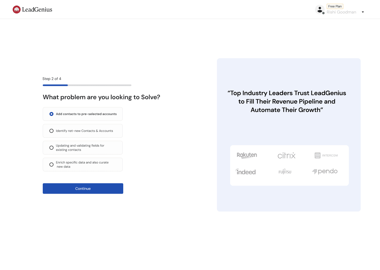 Self-serve sign up screen