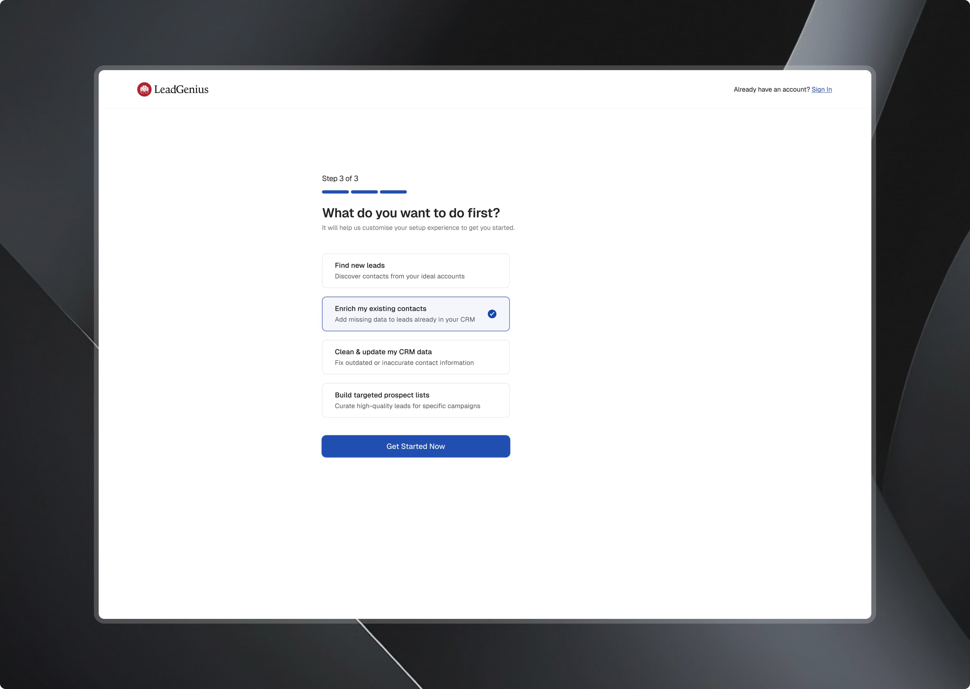 Self-serve onboarding screen 1