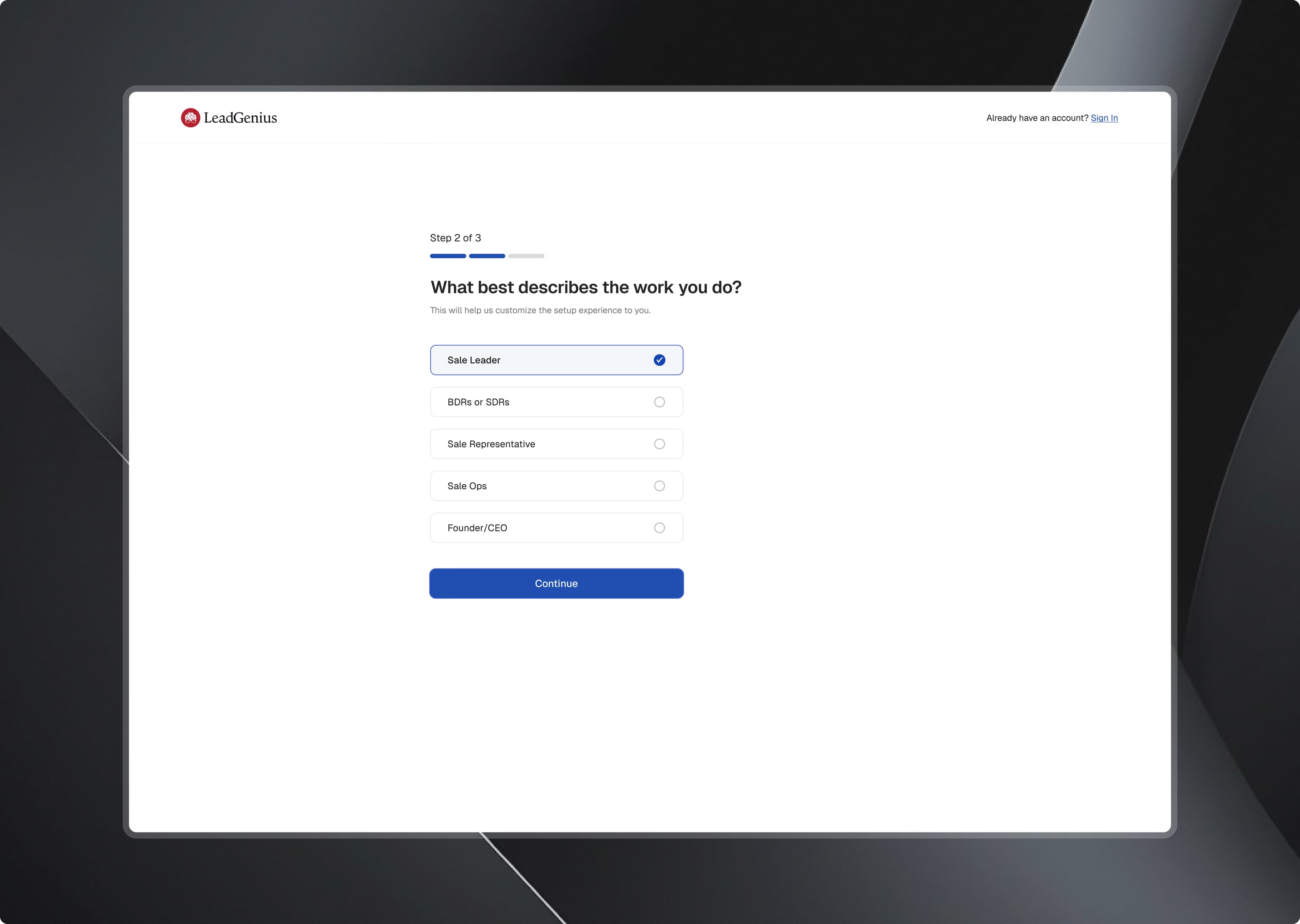 Self-serve onboarding screen 2