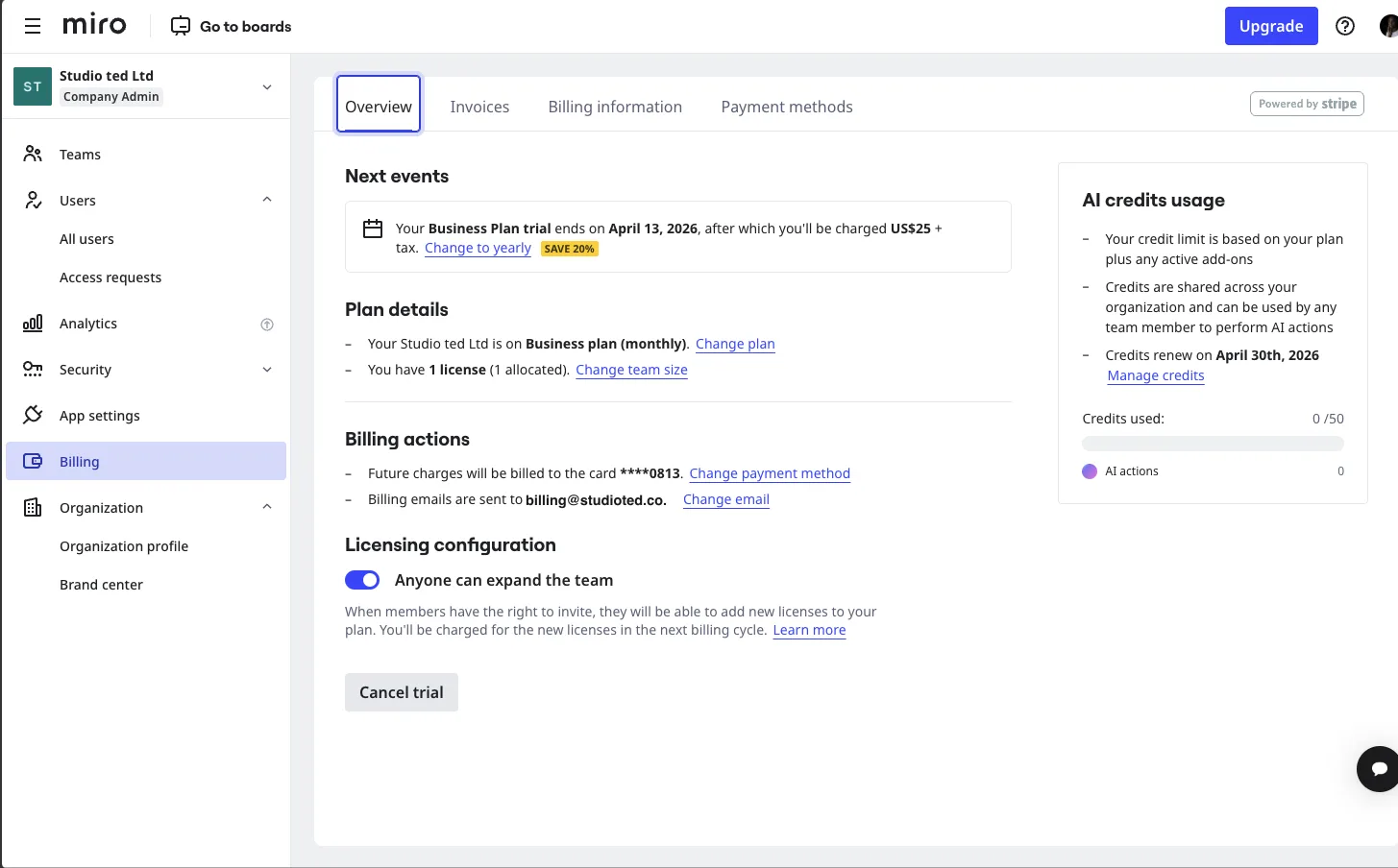 Control: Miro’s billing overview today, showing the trial end date and plan details, with nothing about the plan change.