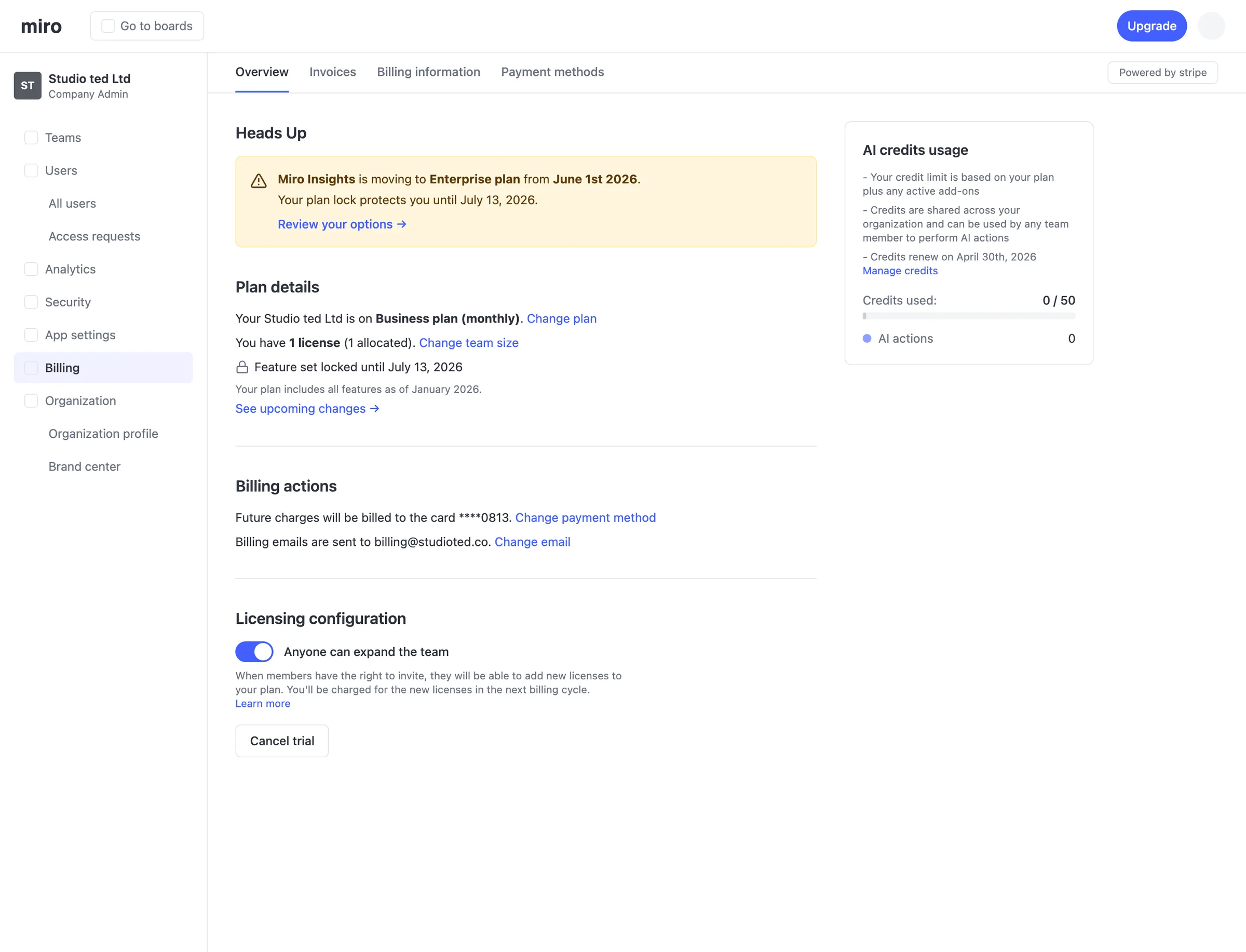 Variant: the billing overview with a Heads Up banner saying Miro Insights is moving to Enterprise from June 1st 2026, with a plan lock until July 13, 2026.